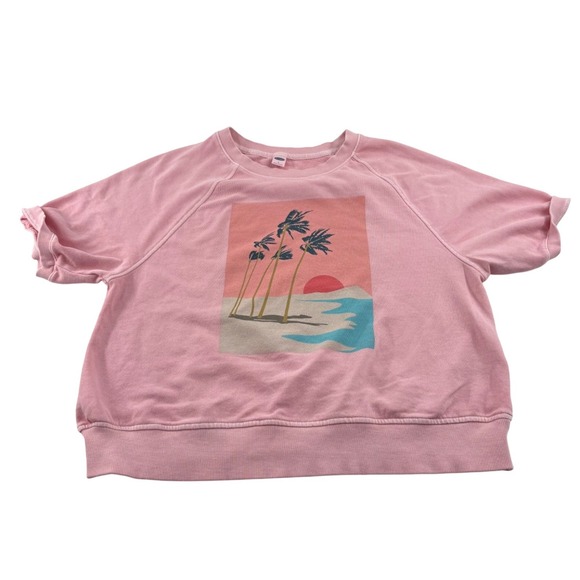 Old Navy Tops - Old Navy Womens Pink Short Sleeve Sweatshirt With Tropical Print
